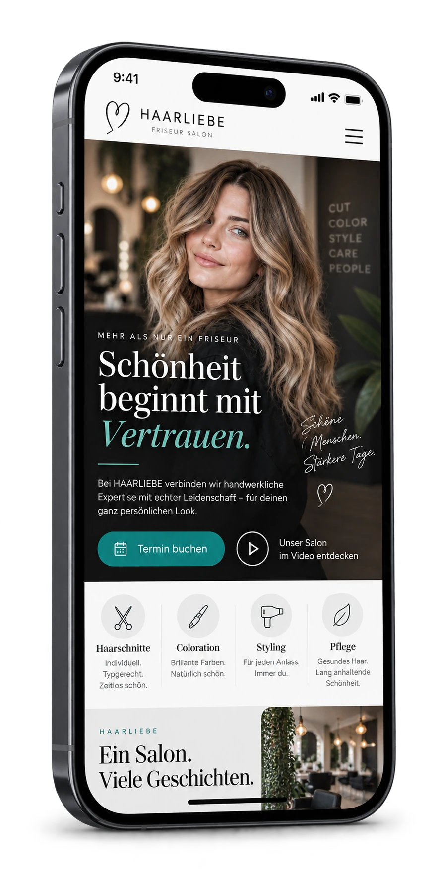 Website-Beispiel für Friseursalons auf einem Smartphone