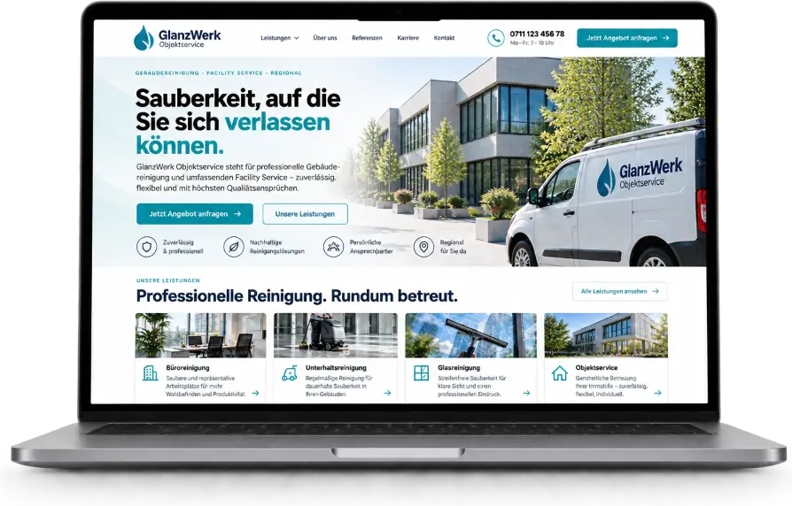 Website-Beispiel für Facility-Services auf einem Laptop