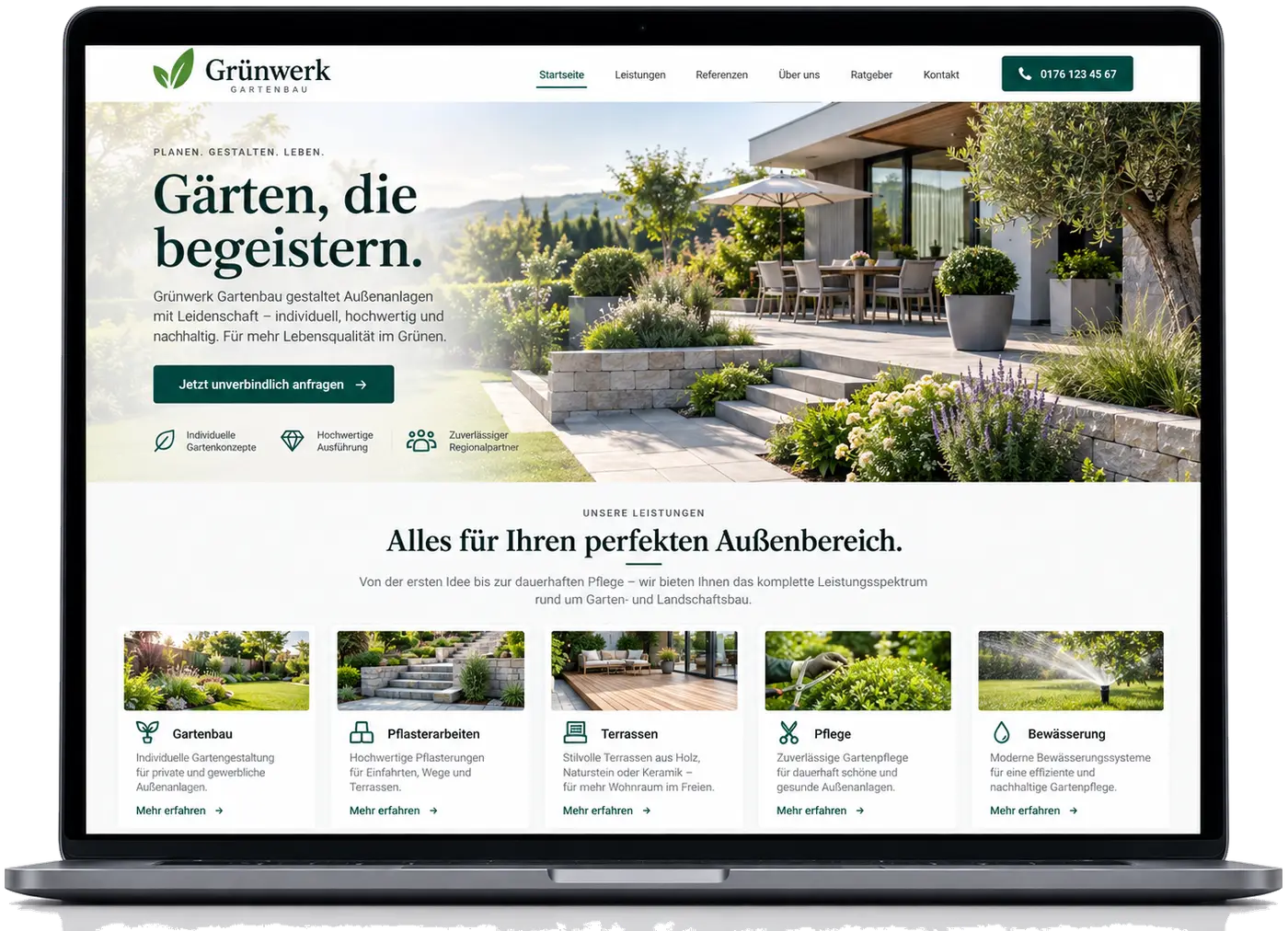Website-Beispiel für Gartenbaubetriebe auf einem Laptop
