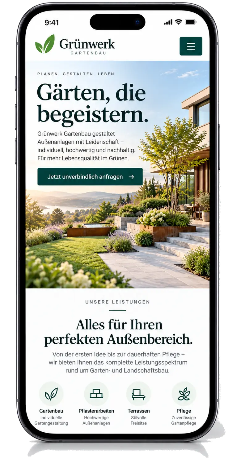 Website-Beispiel für Gartenbaubetriebe auf einem Smartphone