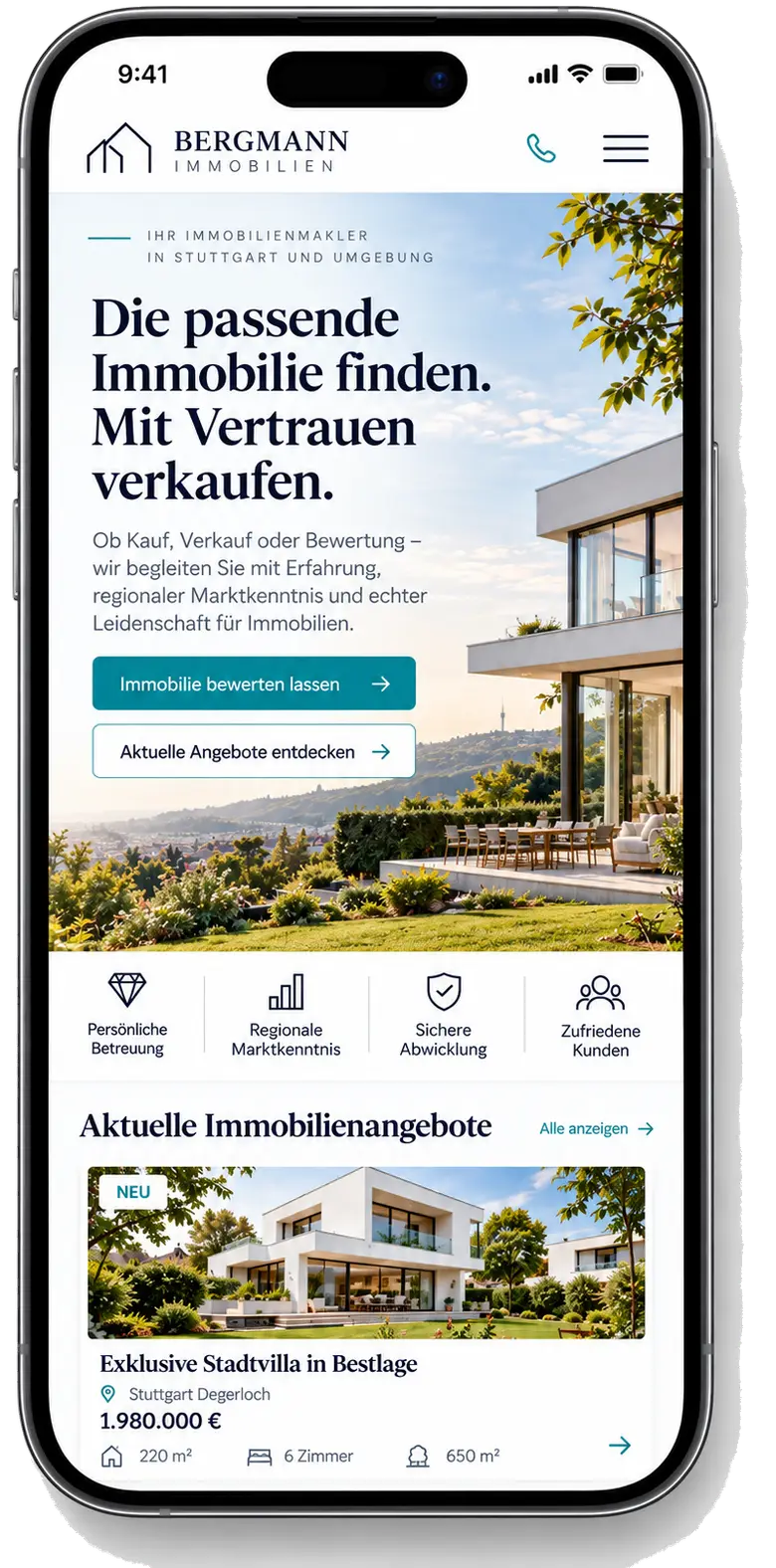 Website-Beispiel für Immobilienmakler auf einem Smartphone