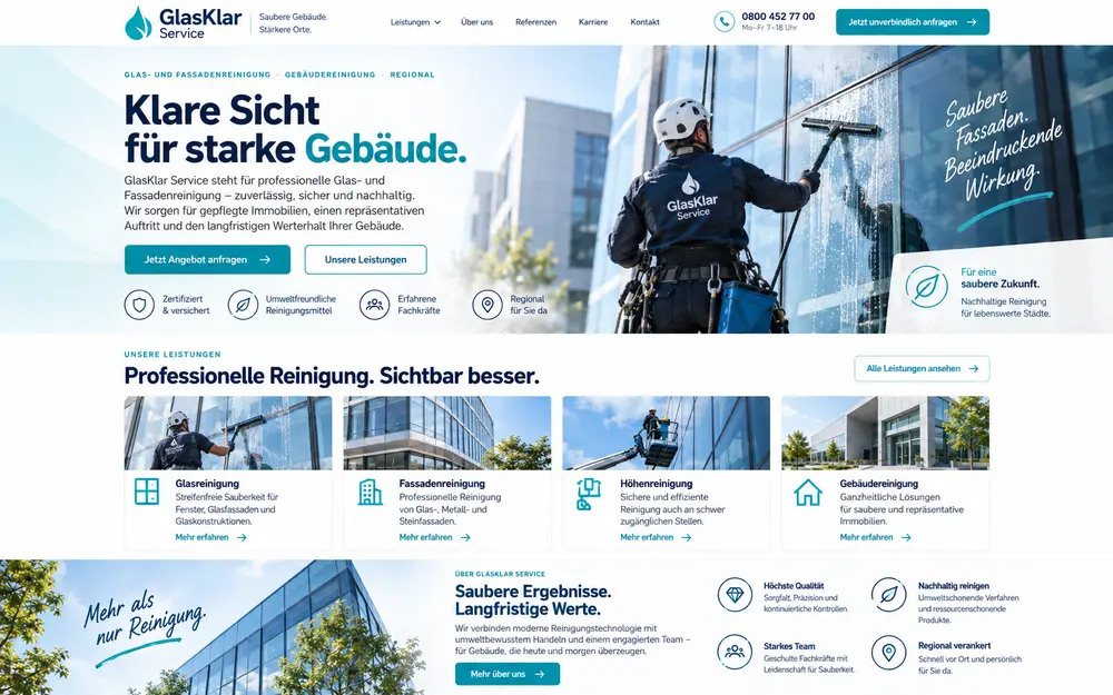 Designbeispiel: Website für Glas- und Fassadenreinigung mit Leistungen und Kontaktaufruf