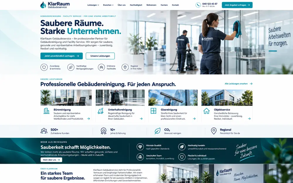 Designbeispiel: Website eines Gebäudereinigungs-Services mit Leistungen und Objekten