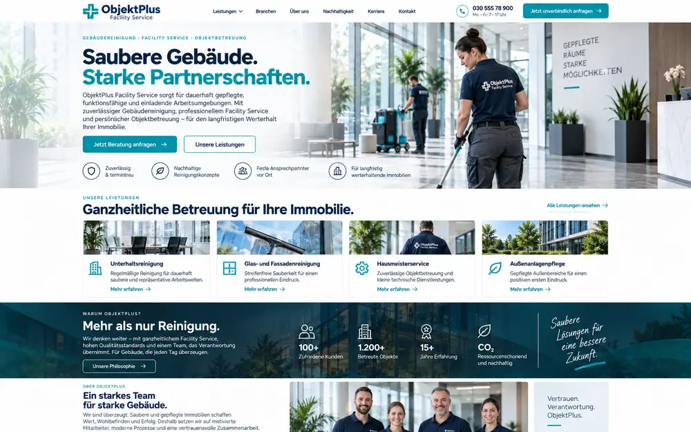 Designbeispiel: Website eines Facility-Services mit Leistungskarten, Kennzahlen und Team