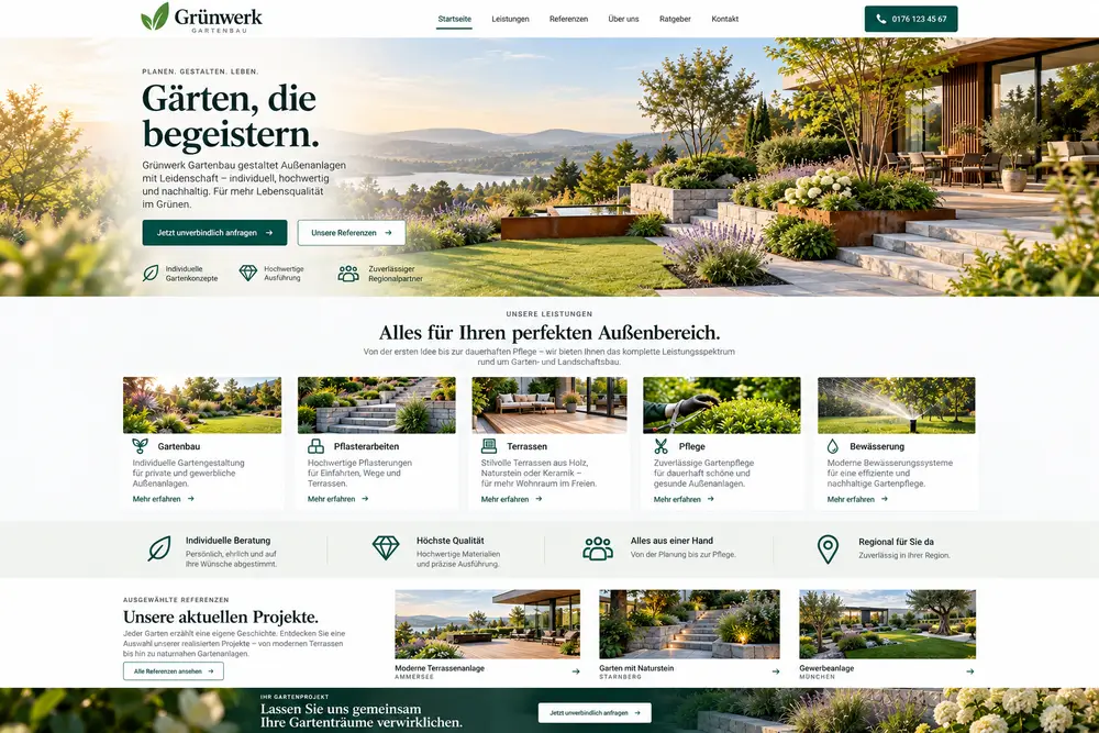 Designbeispiel: Premium-Gartenbau-Website mit Terrassengarten und Projektgalerie