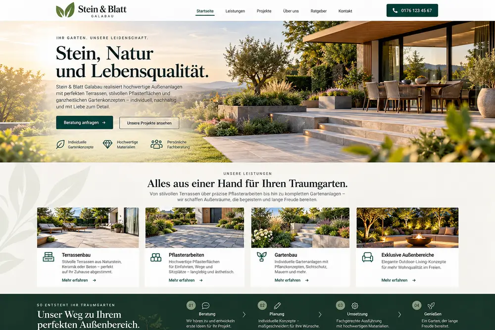 Designbeispiel: klassische Landschaftsbau-Website mit Leistungen und Team