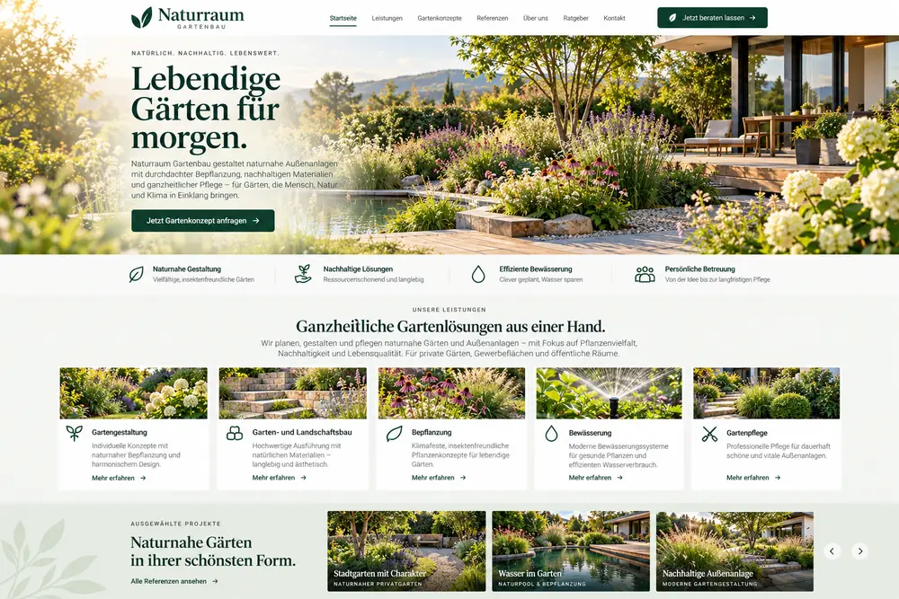 Designbeispiel: naturnahe Gartenbau-Website mit Bepflanzung und Teichanlage