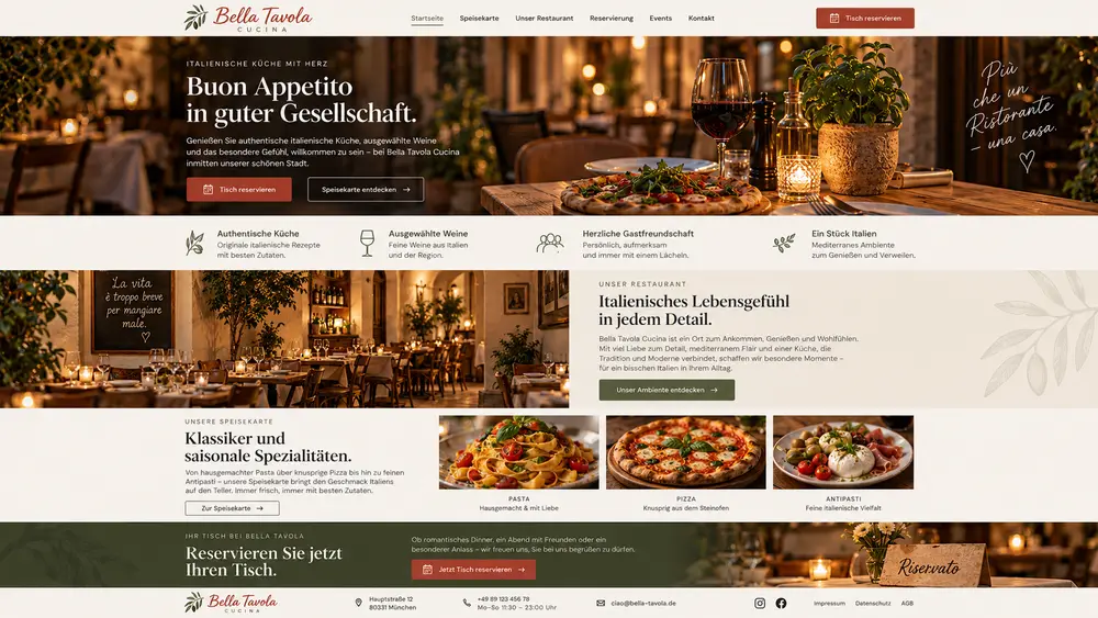 Designbeispiel: Website der italienischen Küche Bella Tavola mit warmer Bildsprache