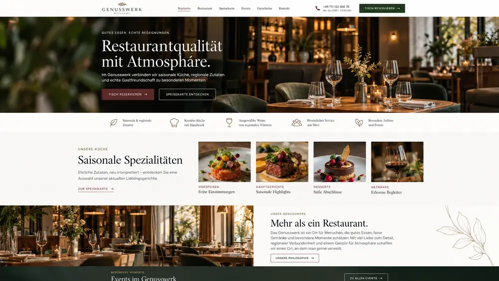 Designbeispiel: moderne Restaurant-Website Genusswerk mit Speisekarte und Reservierungsbutton