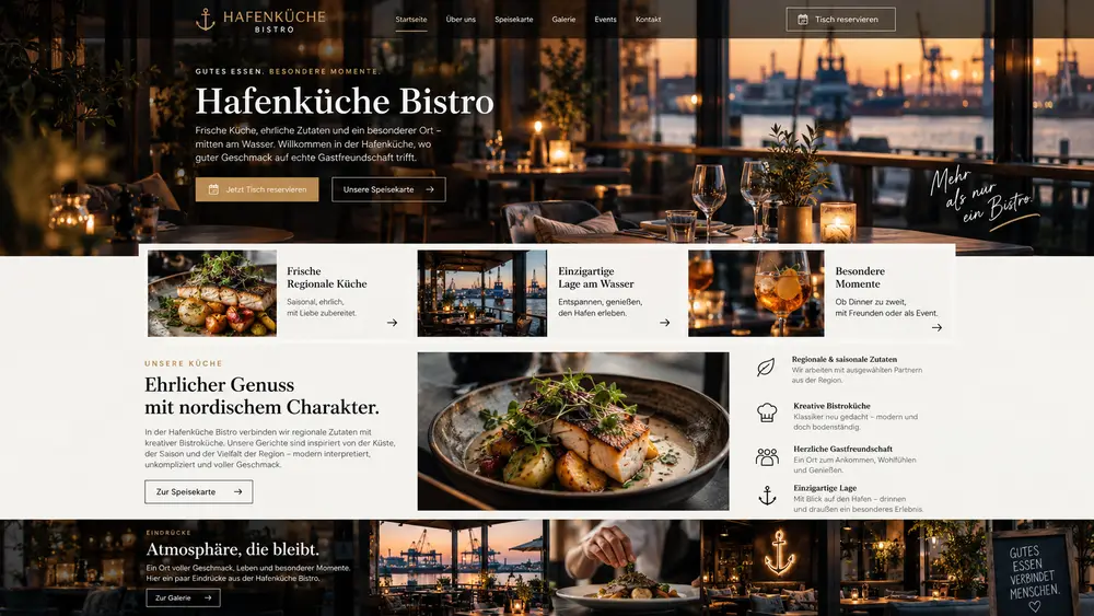 Designbeispiel: Bistro-Website Hafenküche mit Hafenblick und Tischreservierung