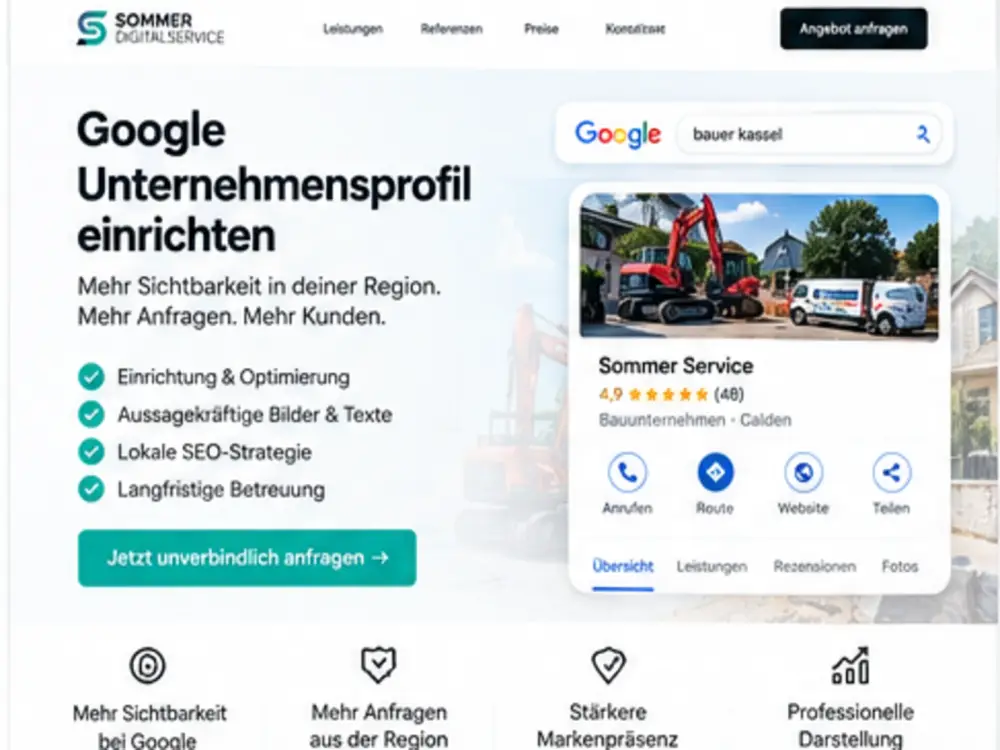 Designbeispiel: Landingpage zum Google-Unternehmensprofil mit Profilkarte, Bewertungen und Kontaktaktionen