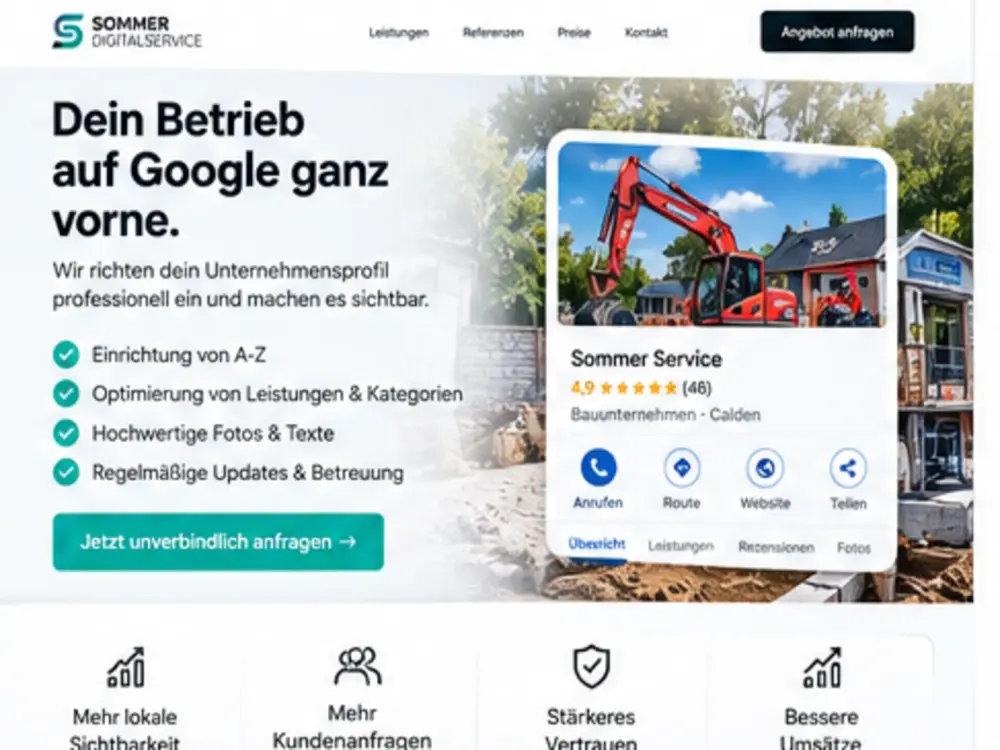 Designbeispiel: Profilkarte eines Bauunternehmens mit Anruf-, Routen- und Website-Aktionen