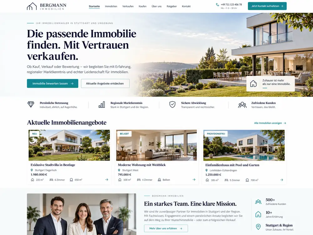 Designbeispiel: Premium-Makler-Website mit Villen-Hero, Objektkacheln und Team
