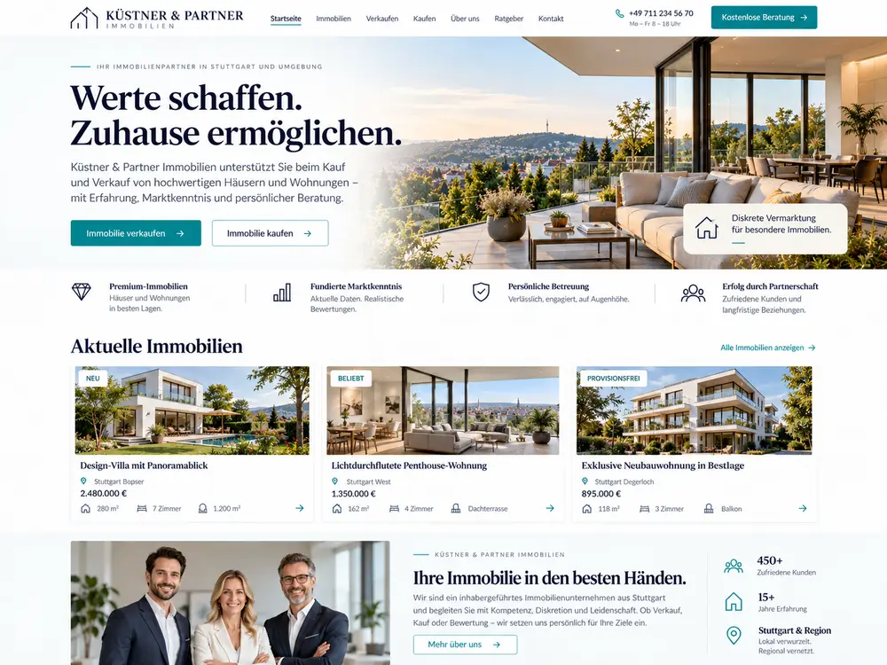 Designbeispiel: klassische Makler-Website mit Team, Erfahrung und Beratungsaufruf
