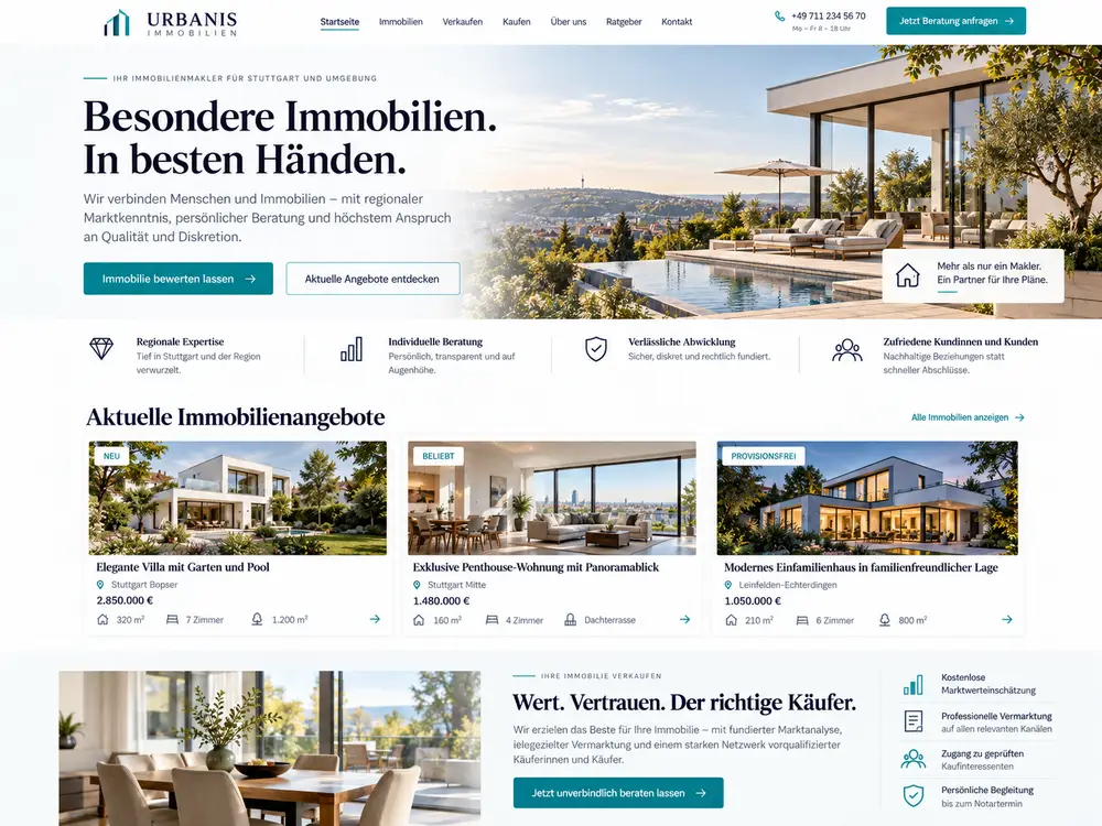 Designbeispiel: urbane Makler-Website mit Immobilienangeboten und Vertrauenssignalen