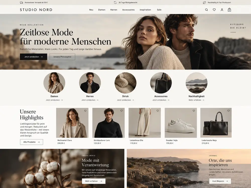 Designbeispiel: editoraler Onlineshop für Mode mit Produktkacheln und Lookbook-Optik
