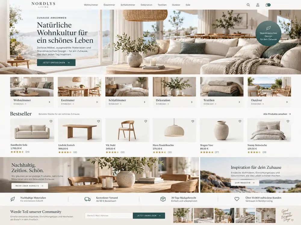 Designbeispiel: heller Onlineshop für Wohnaccessoires mit Produktraster und Warenkorb