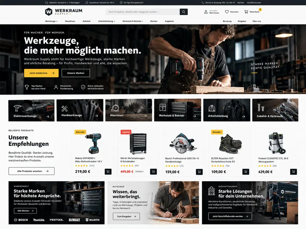 Designbeispiel: dunkler Werkzeug-Onlineshop mit Produktempfehlungen und B2B-Bereich