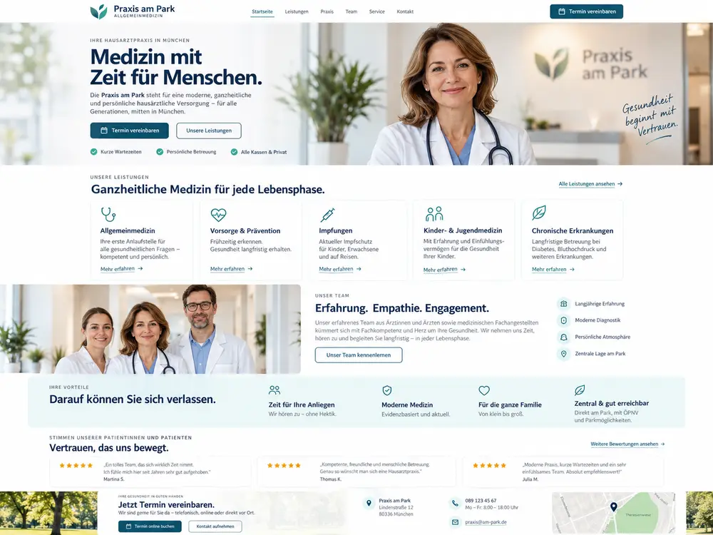 Designbeispiel: Website einer Hausarztpraxis mit Leistungen, Team und Terminaufruf