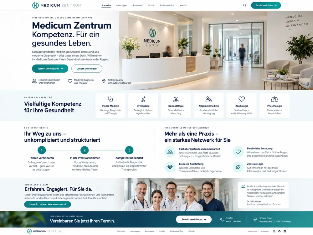Designbeispiel: Website eines medizinischen Zentrums mit Fachbereichen und Ärzteteam