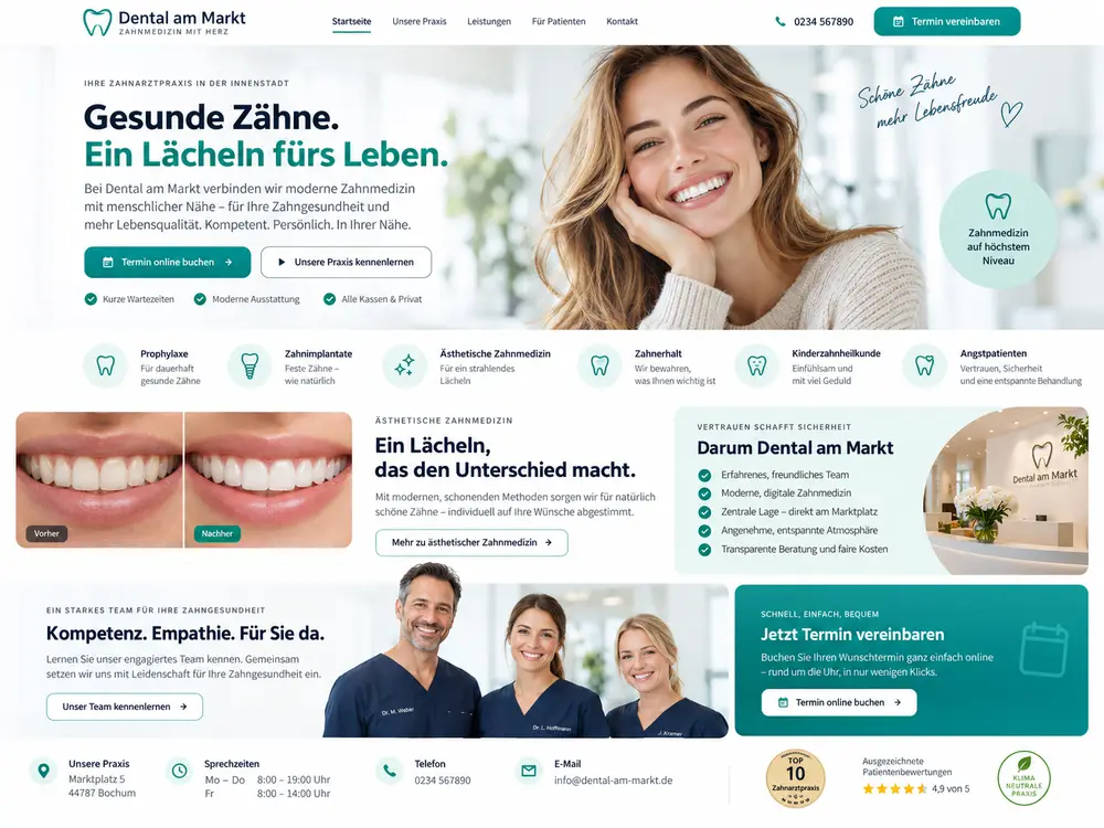 Designbeispiel: Website einer Zahnarztpraxis mit Behandlungskategorien und Termin-Button