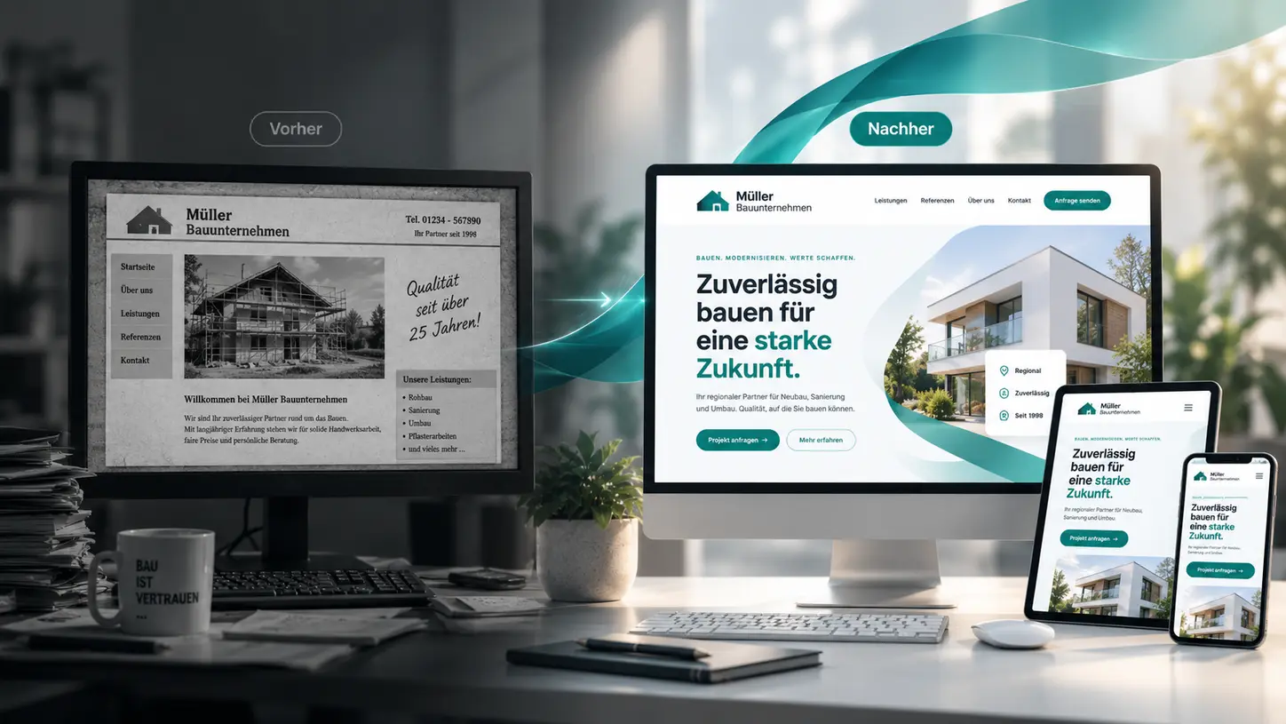 Vorher-Nachher-Vergleich eines Website-Relaunchs: veraltete dunkle Website auf dem alten Monitor, moderne responsive Website auf iMac, Tablet und Smartphone