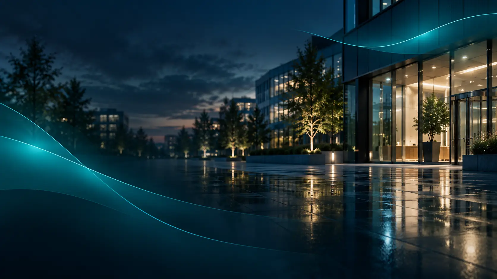 Bürogebäude bei Nacht mit stilisierten Lichtwellen