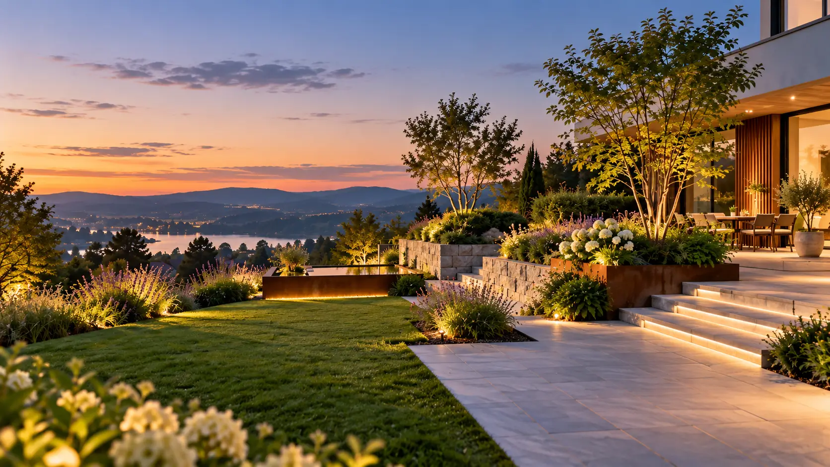 Beleuchteter Garten mit Terrasse und Wasserbecken in der Abenddämmerung