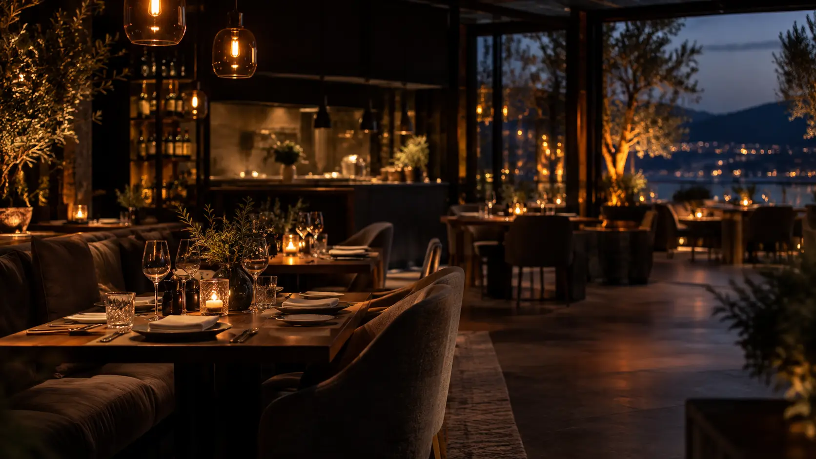 Atmosphärisches Restaurant-Interieur in der Abenddämmerung