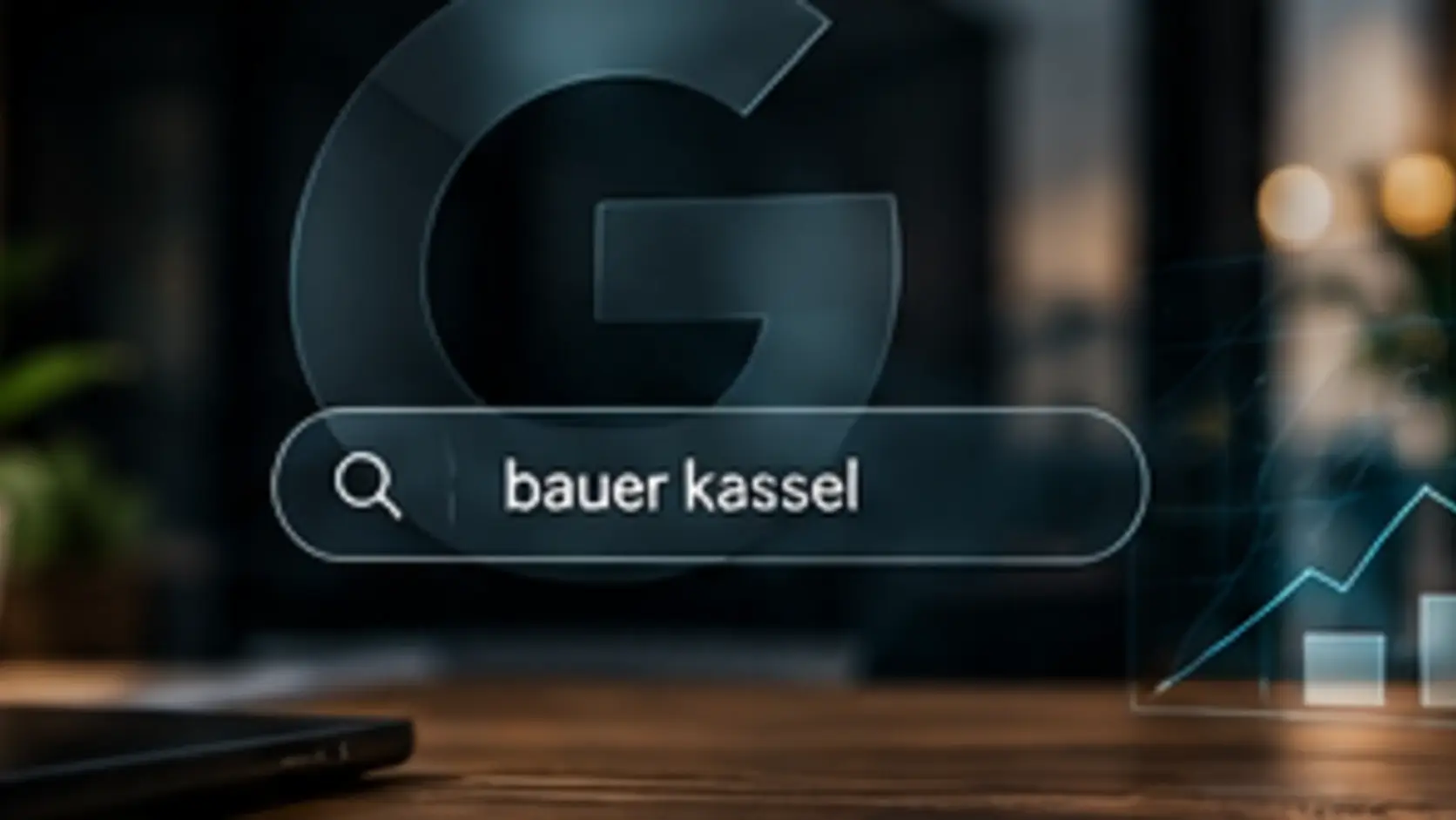 Google-Suchmaske mit Unternehmenslogo und aufsteigender Sichtbarkeitskurve