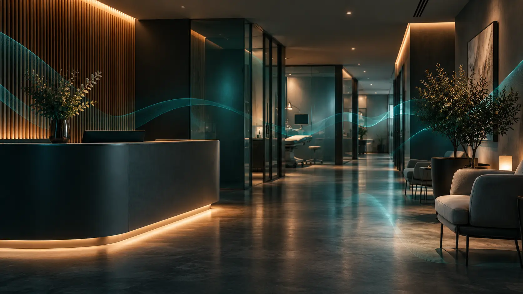 Premium-Praxisinterieur mit Empfangstresen und stimmungsvoller Beleuchtung