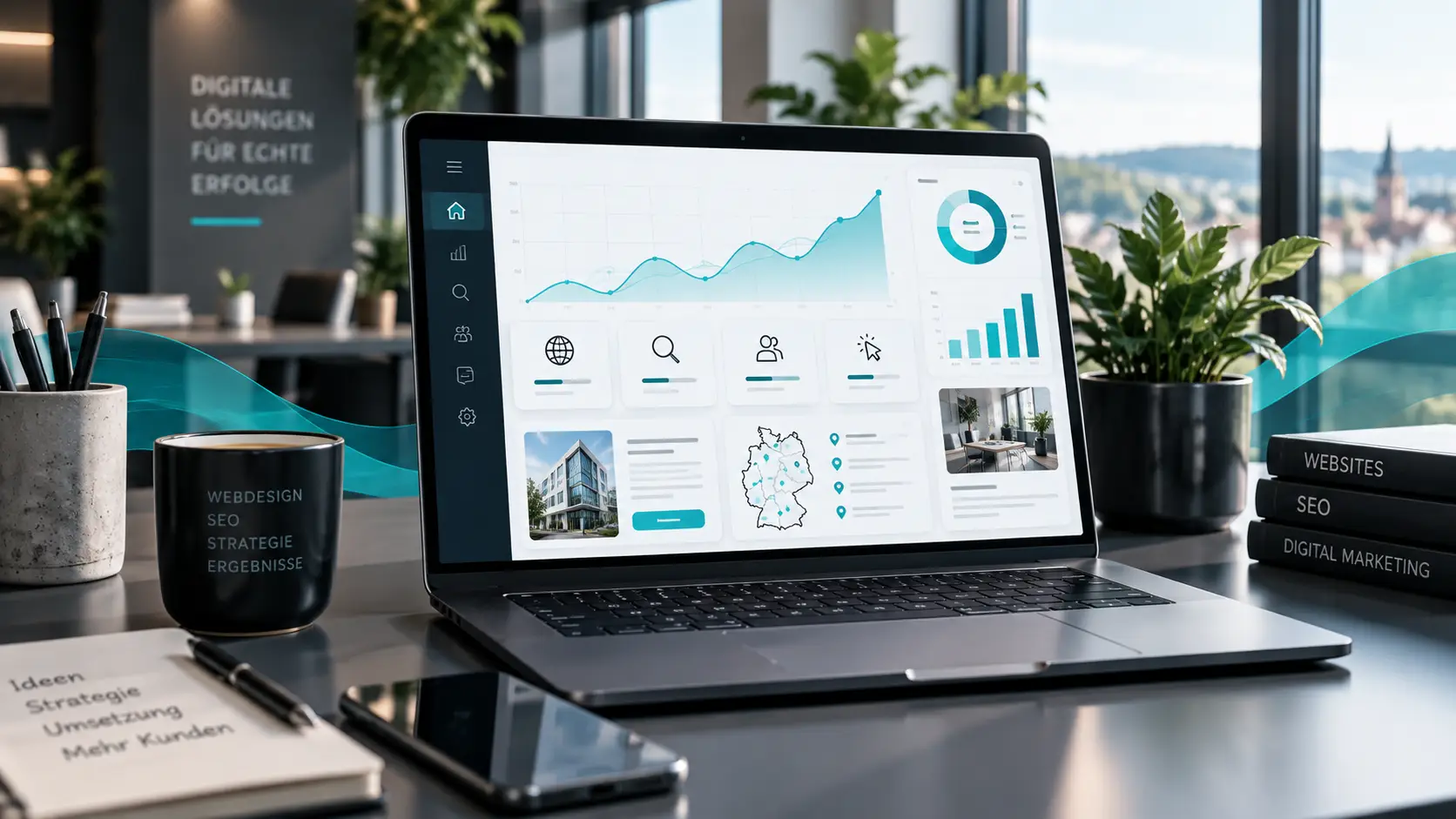 Laptop mit SEO-Auswertung und Sichtbarkeitskurve